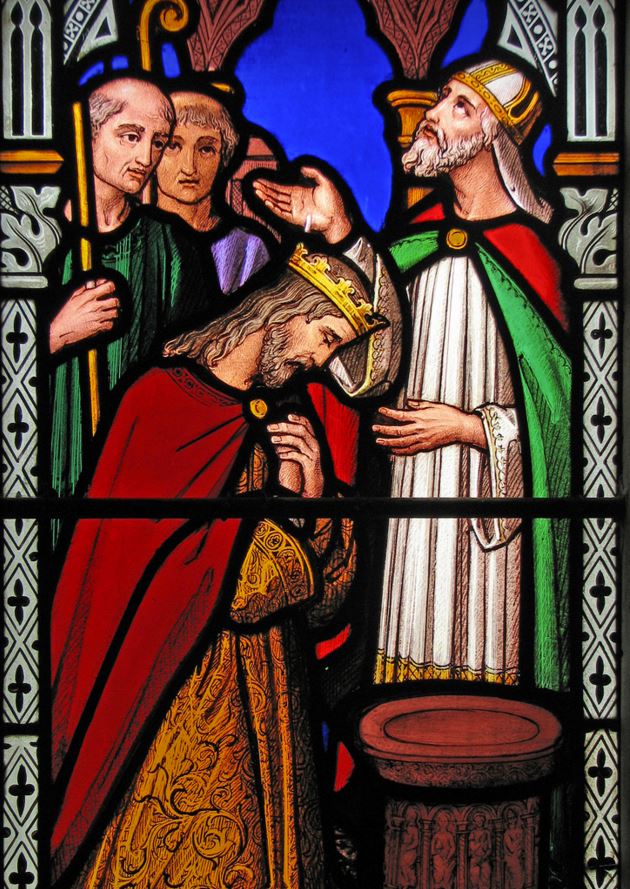 Stained glass depiction of King Cynegils baptism